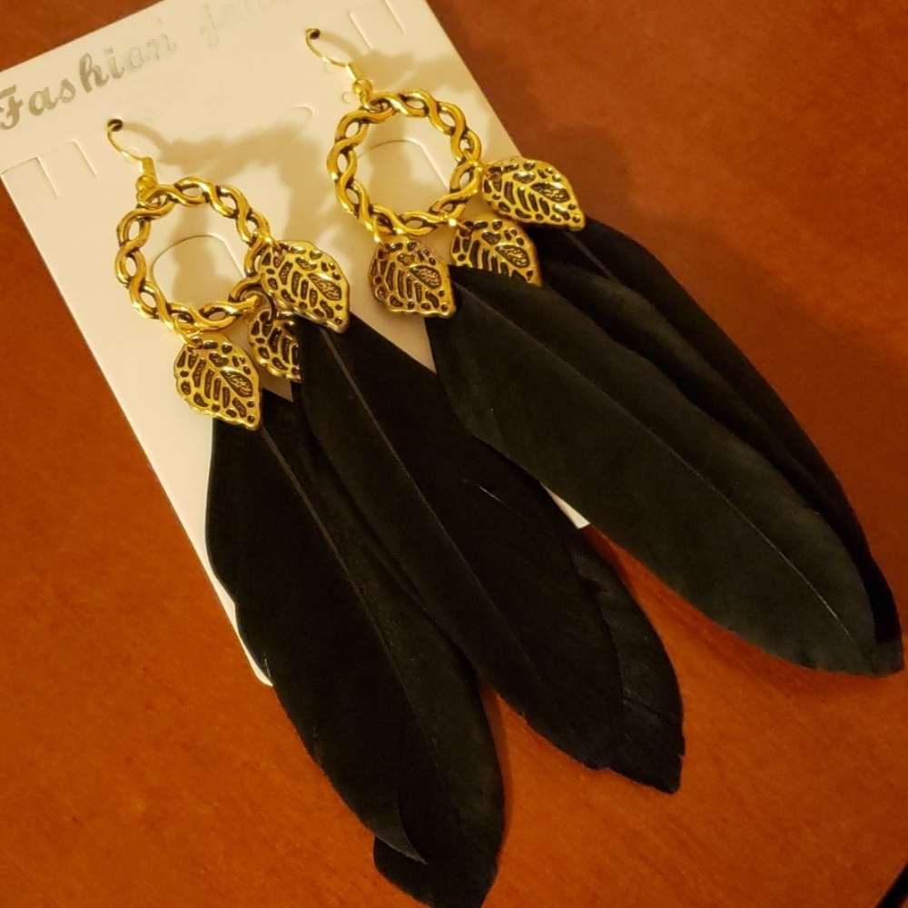 Black and Gold Feather Earrings